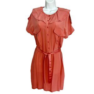Just Cavalli Silk Dress Coral Pink Belted Ruffle Collar Size 44 Italy